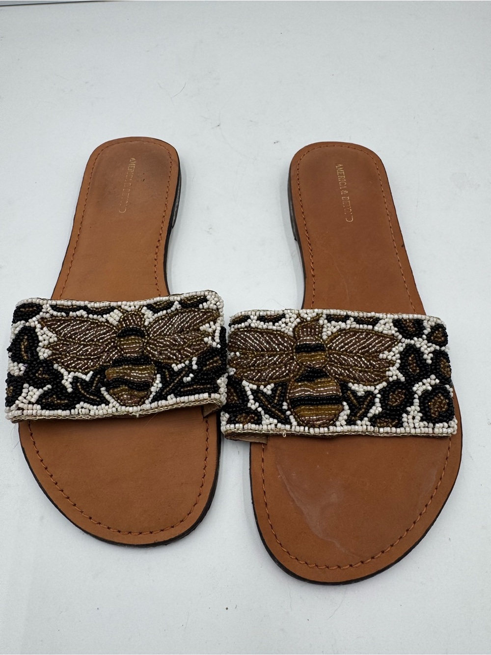 Brown Beaded Bee Slide Sandals - Women